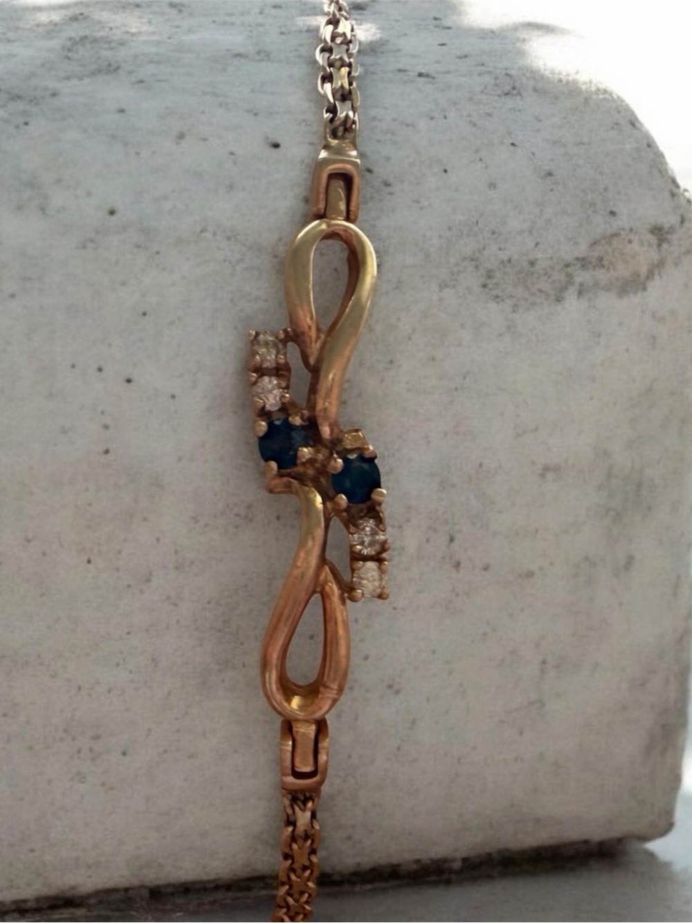 14K Gold Vintage Fancy Link chain, sapphire and diamond bracelet